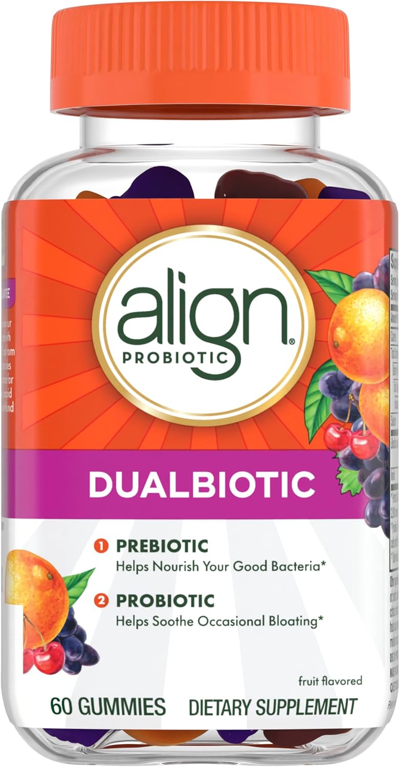 Dualbiotic, Prebiotics and Probiotics for Women and Men, Probiotics for Digestive Health, Prebiotics Help Nourish Good Bacteria, Natural Fruit Flavors, 60 Probiotic Gummies