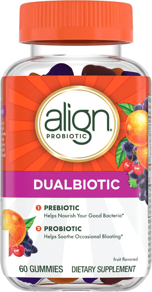 Dualbiotic, Prebiotics and Probiotics for Women and Men, Probiotics for Digestive Health, Prebiotics Help Nourish Good Bacteria, Natural Fruit Flavors, 60 Probiotic Gummies