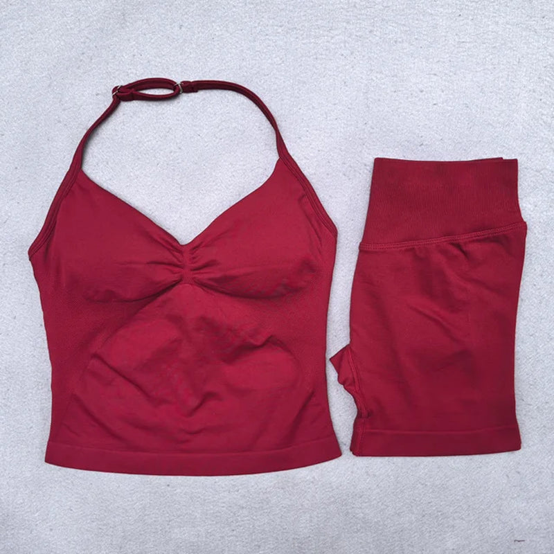 2 Pieces Yoga Set Women Backless Halter Tops High Waist Seamless Shorts Gym Suit Fitness Clothes Sportswear Workout Sets