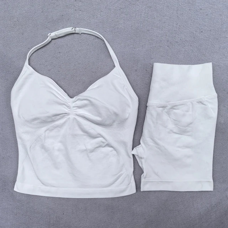 2 Pieces Yoga Set Women Backless Halter Tops High Waist Seamless Shorts Gym Suit Fitness Clothes Sportswear Workout Sets