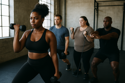 Gym interior with people working out, strength training equipment