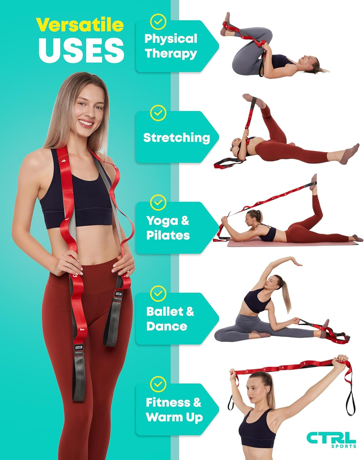 Stretching Strap with Loops - Non Elastic Stretch Band for Physical Therapy, Yoga Strap for Stretching Equipment, Stretch Bands for Exercise and Flexibility - Fascia, Hamstring & Leg Stretcher Belt