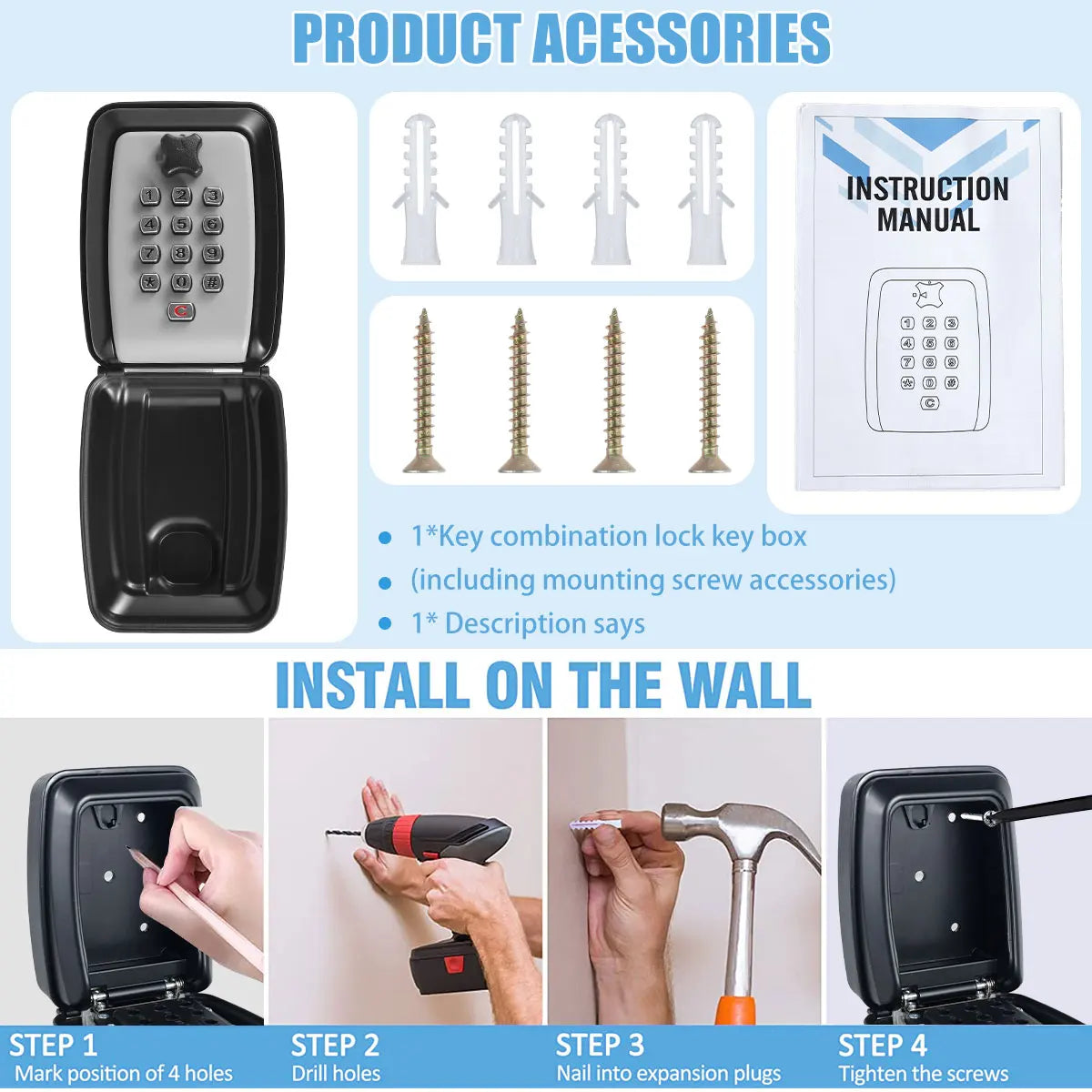 Key Lock Box Wall-Mount Secret Code Security Key Safe Secret Organizer Box No Key Home Office Weatherproof Safe Key Keeper NEW