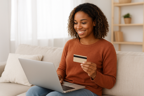 Lifestyle image of a shopper purchasing fitness products from Qartelier online store