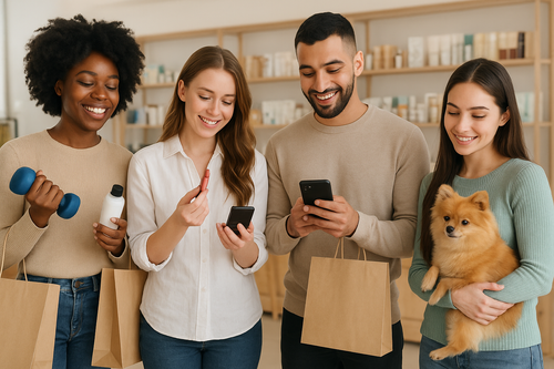 Group of online shoppers using their phones to buy fitness products from Qartelier Marketplace